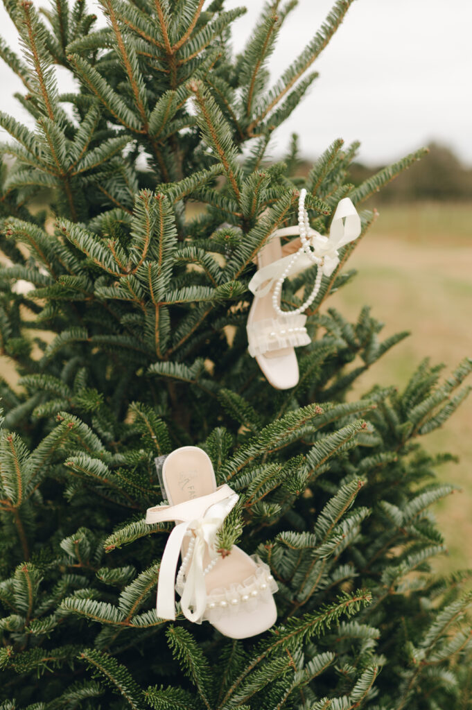 details photos of the brides shoes in a Christmas tree